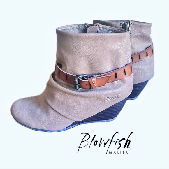 Blowfish Shoes - BLOWFISH Women's Wedge Ankle Boots SZ 7.5 Tan Faux Leather Buckle Detail